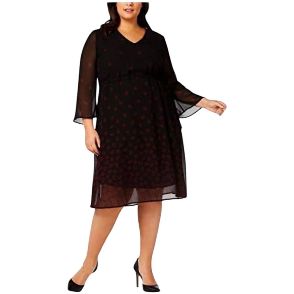NWT Anne Klein Sheer Overlay Long Sleeve Cinch Drawstring Blk Red Midi Dress 18 - Picture 1 of 13